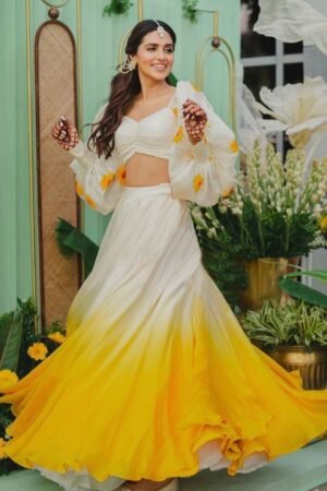 Delightful Yellow And White Organza Digital Print Lehenga Choli