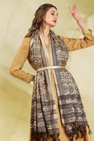 Beige Floral Printed Art Silk Dupatta