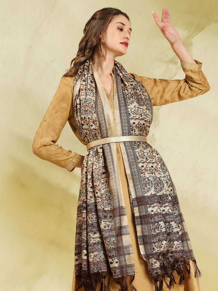 Beige Floral Printed Art Silk Dupatta