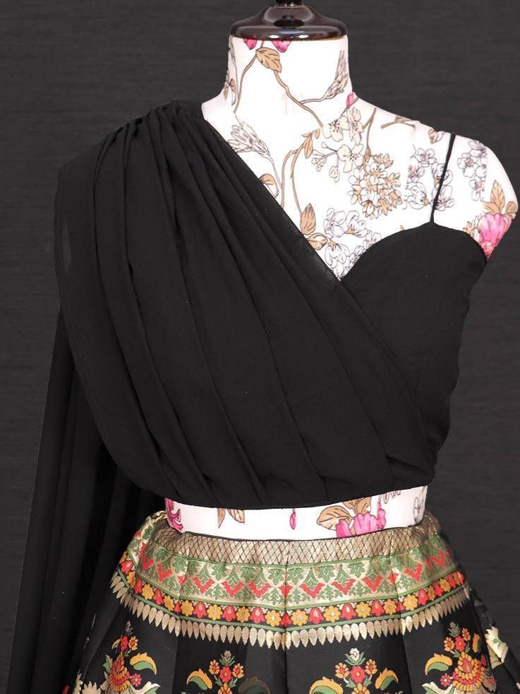 Impressive Black Banarasi Indo-Western Crop Top Lehenga - Image 4