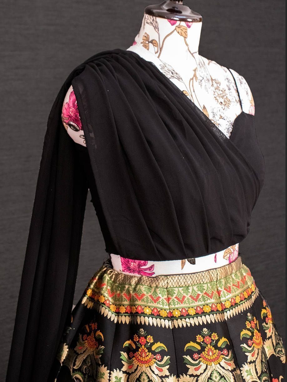 Impressive Black Banarasi Indo-Western Crop Top Lehenga - Image 3