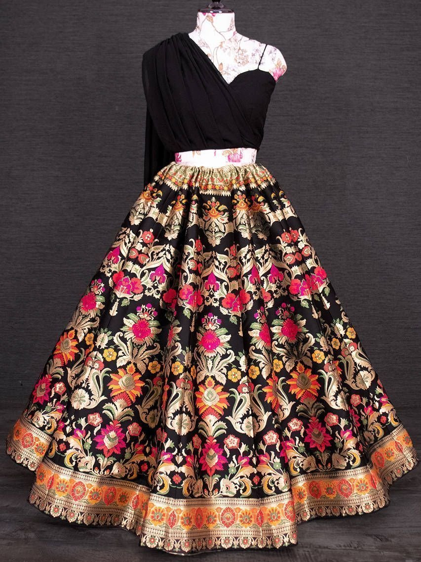 Impressive Black Banarasi Indo-Western Crop Top Lehenga - Image 2