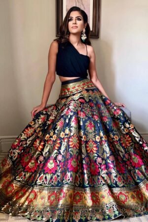 Impressive Black Banarasi Indo-Western Crop Top Lehenga