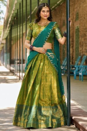 Lovely Green Zari Woven Kanchipuram Silk Traditional Half Saree Lehenga