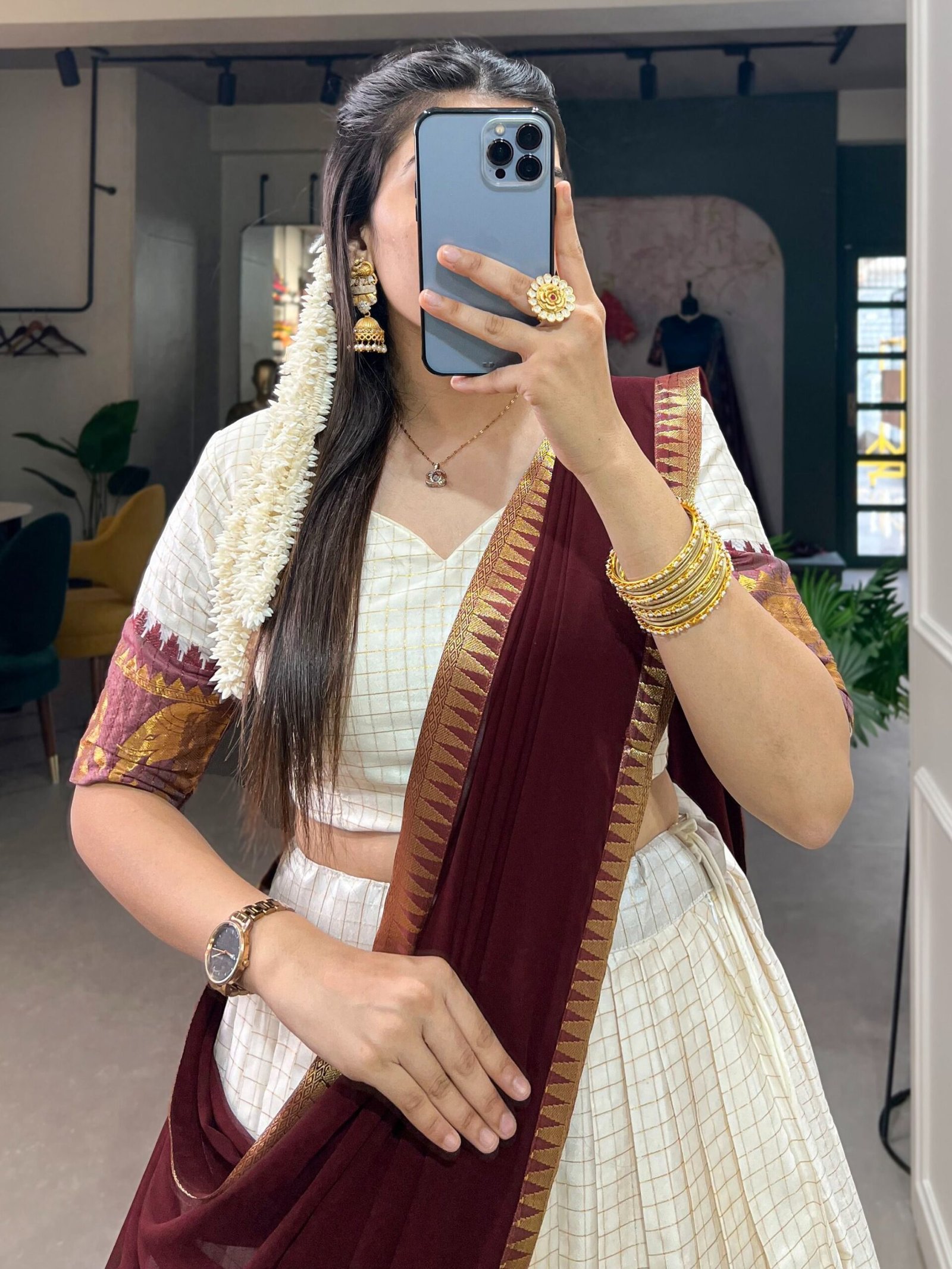 Outstanding White Zari Weaving Cotton Traditional Lehenga Choli - Image 3