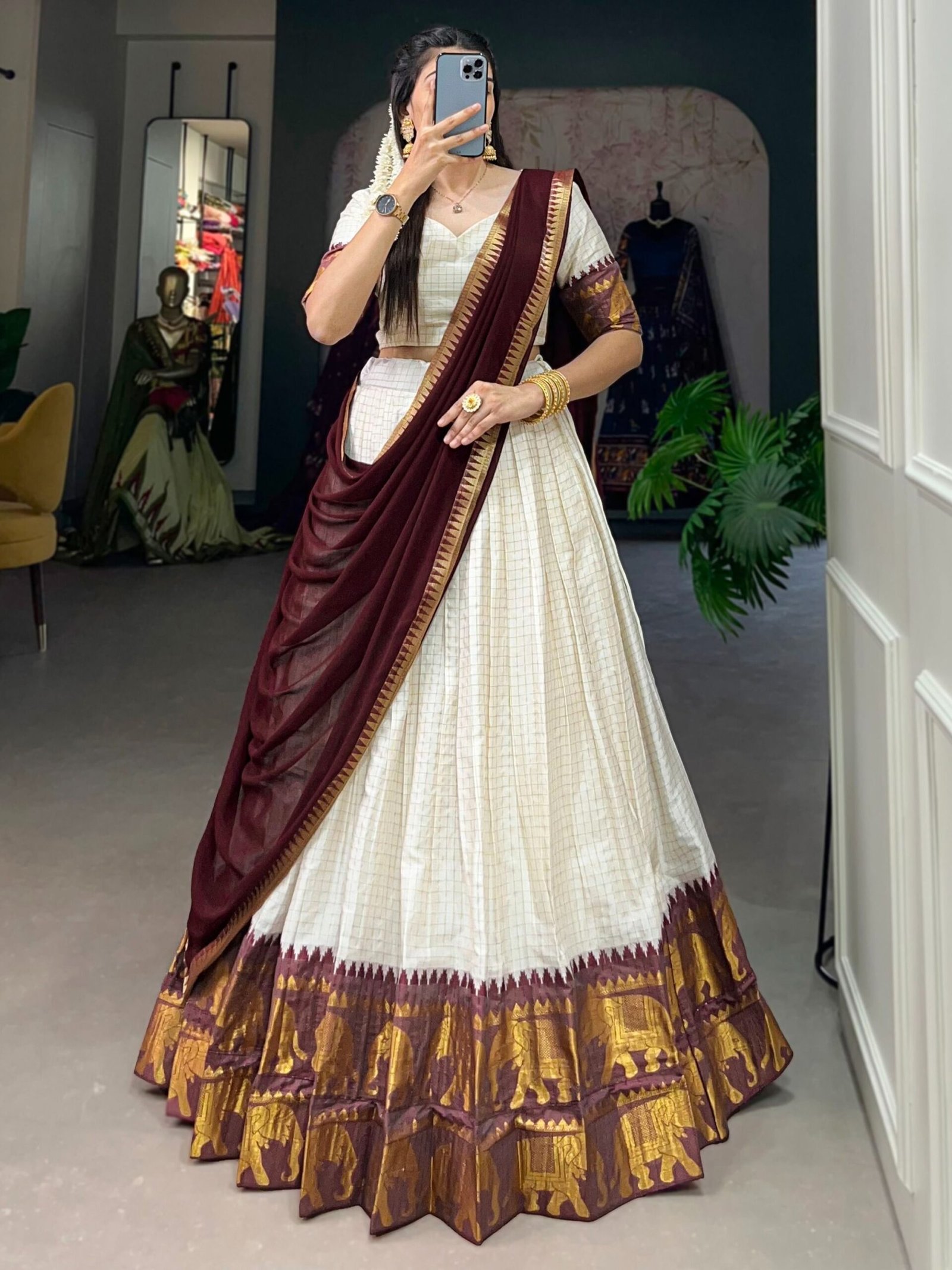 Outstanding White Zari Weaving Cotton Traditional Lehenga Choli - Image 4