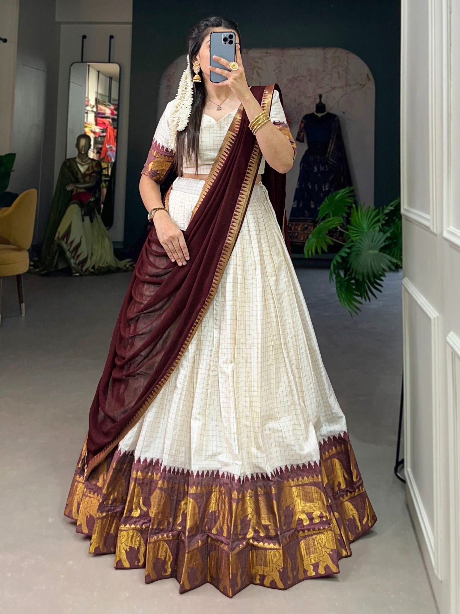 Outstanding White Zari Weaving Cotton Traditional Lehenga Choli - Image 2