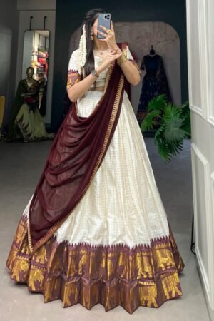 Outstanding White Zari Weaving Cotton Traditional Lehenga Choli