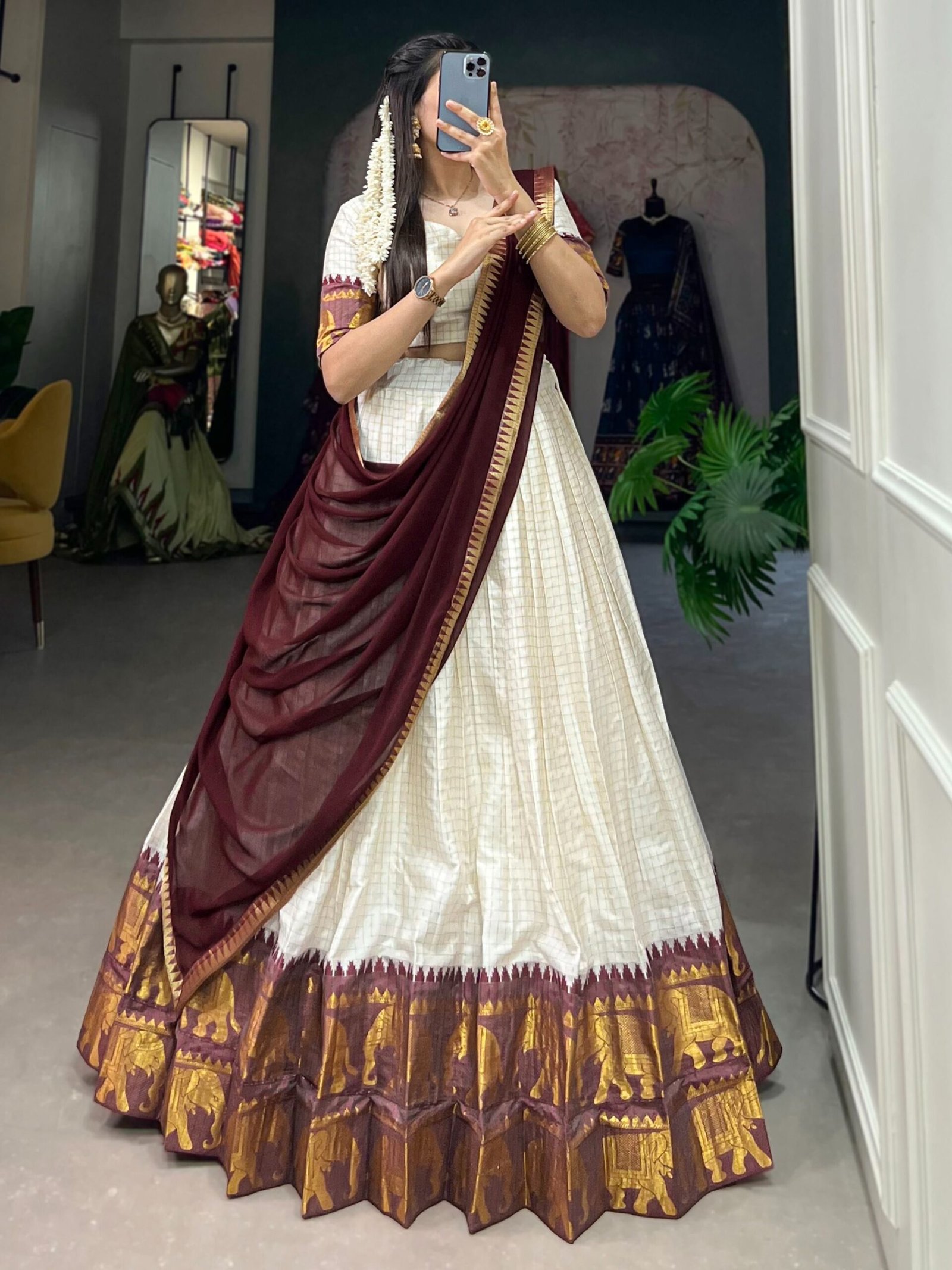 Outstanding White Zari Weaving Cotton Traditional Lehenga Choli