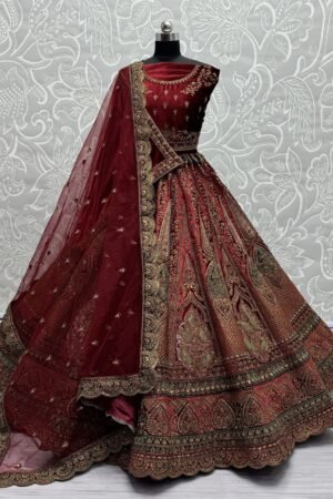 Great Maroon Dori Work Velvet Bridal Lehenga Choli With Double Dupatta