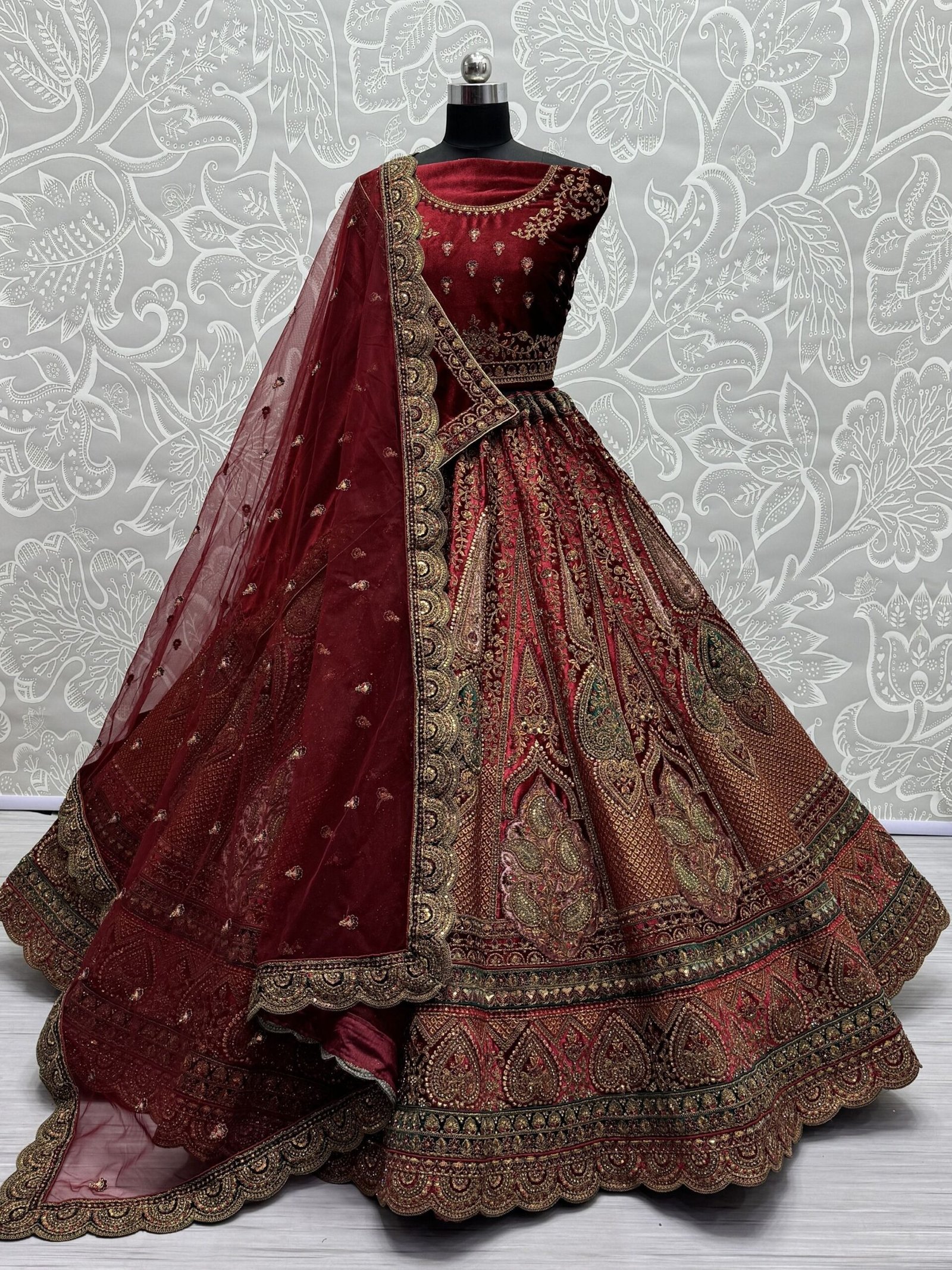 Great Maroon Dori Work Velvet Bridal Lehenga Choli With Double Dupatta