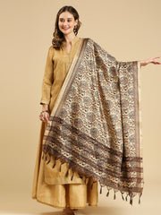 Beige Floral Printed Art Silk Dupatta - Image 4
