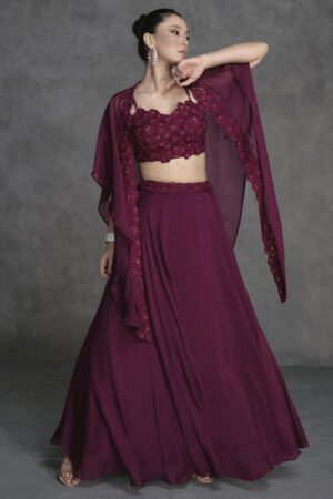 Deep Wine Appliqué Embroidered Cape Style Lehenga