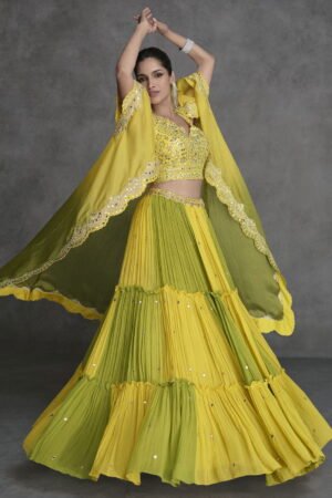 Yellow And Green Mirror Work Embroidery Cape Style Lehenga