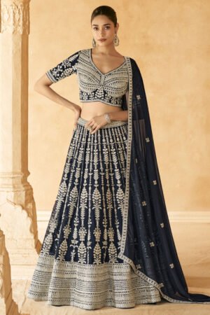 Navy Blue Traditional Embroidery Bridal Lehenga Choli