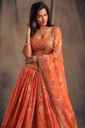 Orange Floral Embroidered Organza Wedding Wear Lehenga Choli