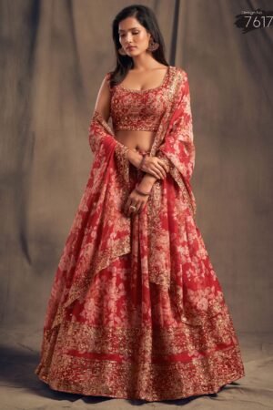 Shraddha Kapoor Red Floral Printed Organza Wedding Wear Lehenga Choli