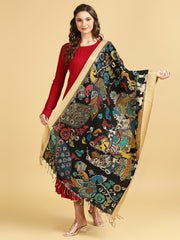 Black & Multicolour Hand Painted Kalamkari Pure Chennur Silk Dupatta - Image 2