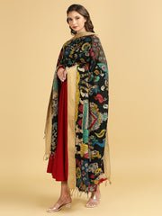 Black & Multicolour Hand Painted Kalamkari Pure Chennur Silk Dupatta - Image 4