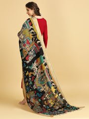 Black & Multicolour Hand Painted Kalamkari Pure Chennur Silk Dupatta - Image 3