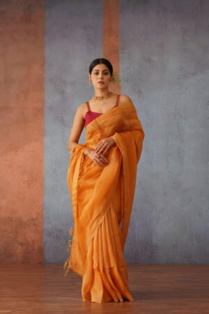 Rust Orange Linen Silk Sari with Golden Zari