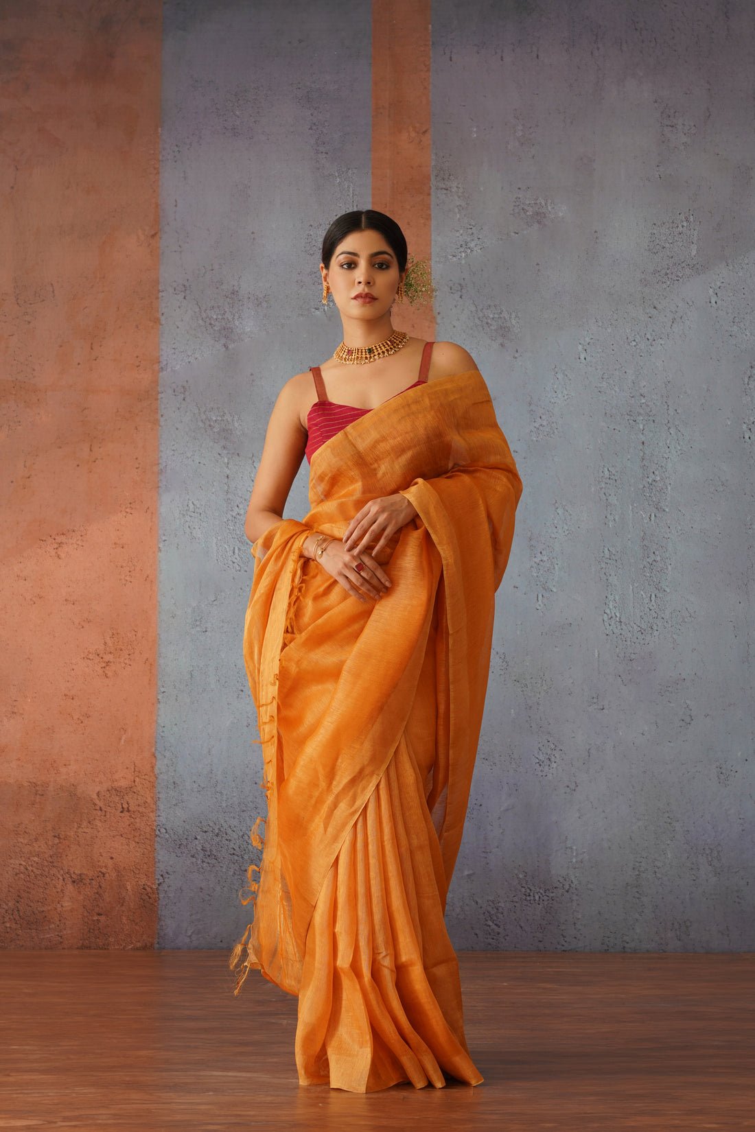 Rust Orange Linen Silk Sari with Golden Zari
