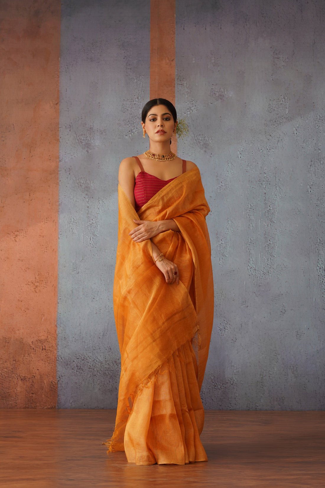 Rust Orange Linen Silk Sari with Golden Zari - Image 3