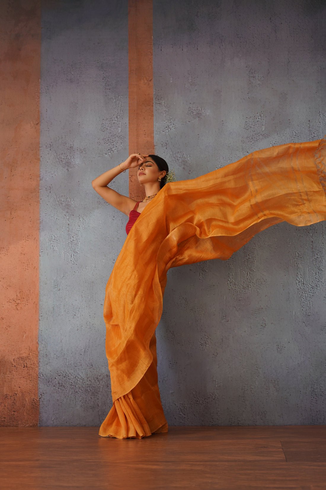 Rust Orange Linen Silk Sari with Golden Zari - Image 2
