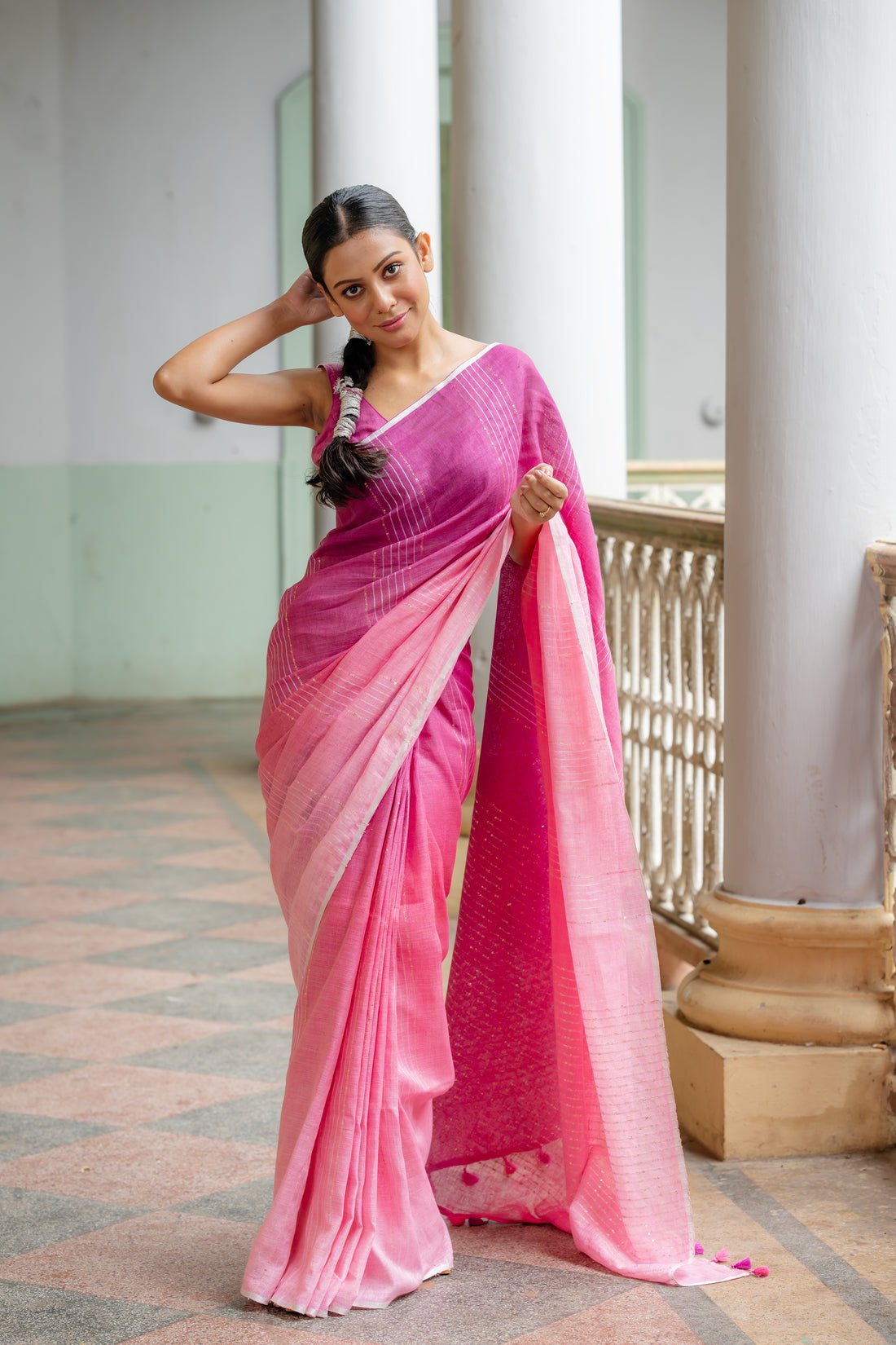 Pink Empress Ombre Linen Sari - Image 3