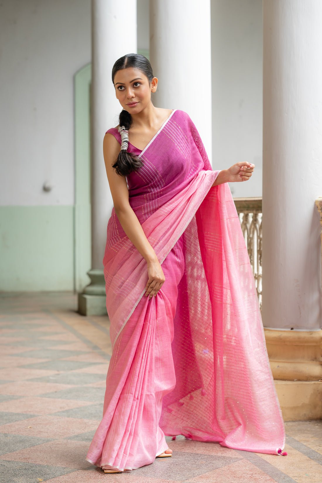 Pink Empress Ombre Linen Sari