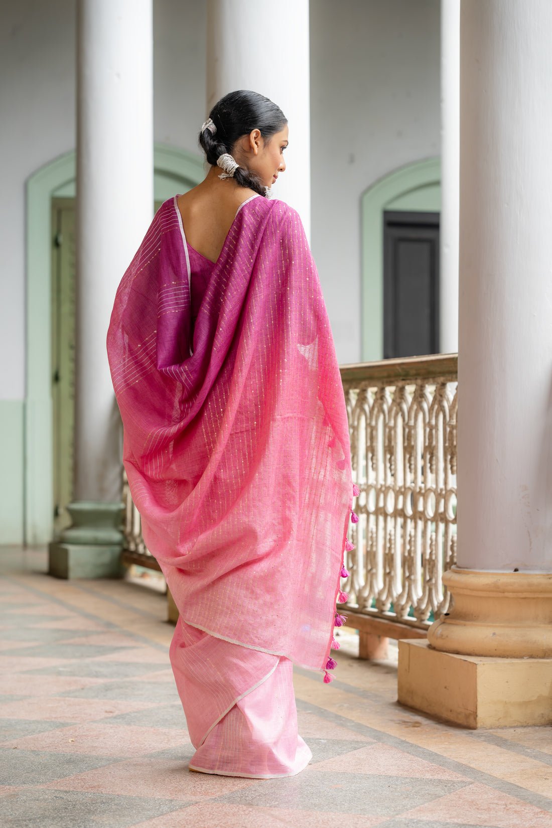 Pink Empress Ombre Linen Sari - Image 4