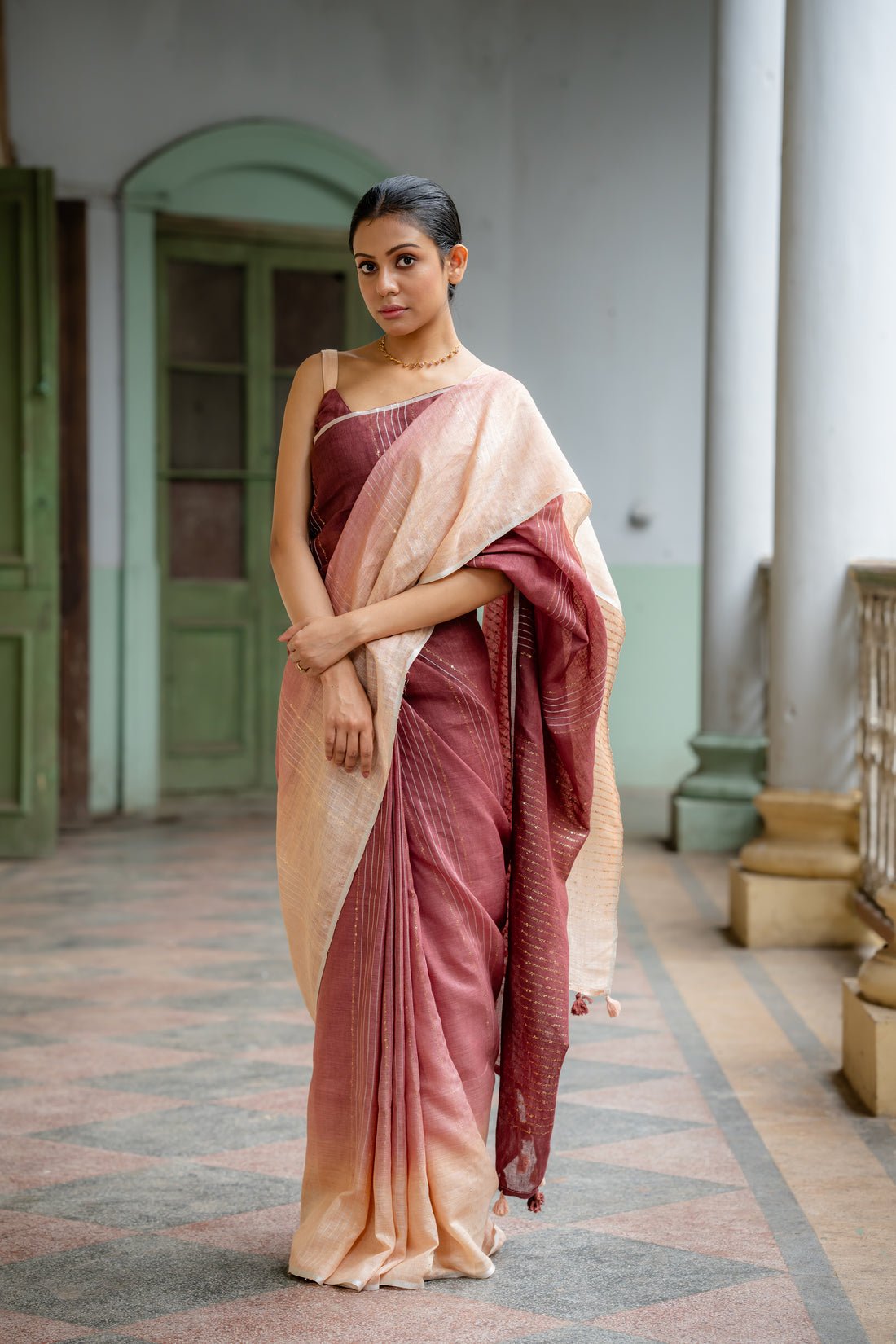 Ramya Beige Coffee Ombre Linen Sari - Image 4
