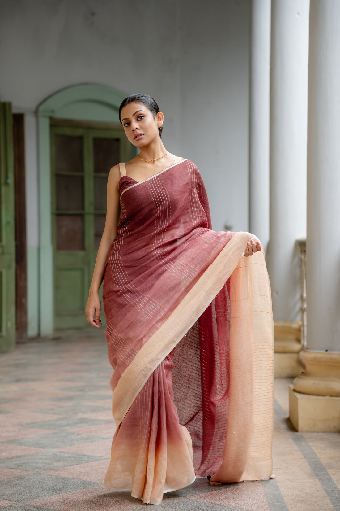 Ramya Beige Coffee Ombre Linen Sari - Image 2