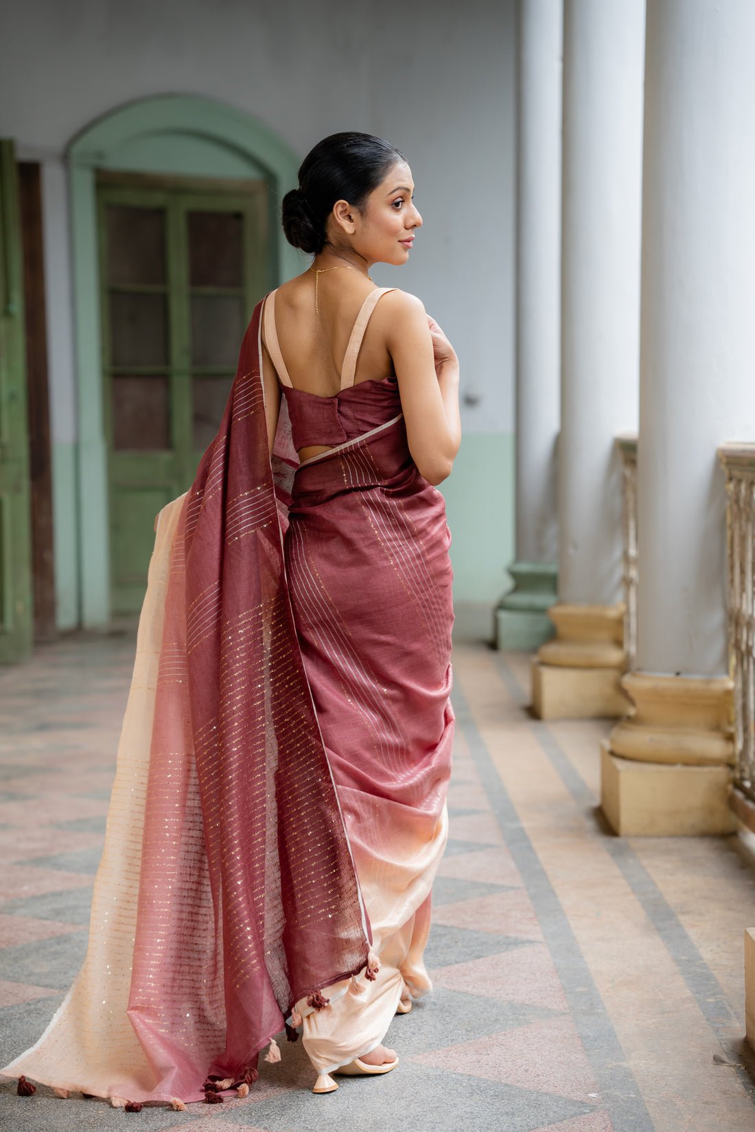 Ramya Beige Coffee Ombre Linen Sari - Image 3