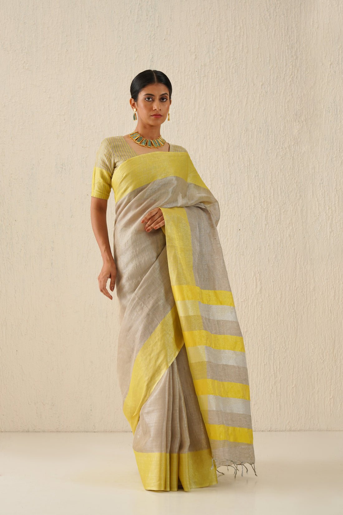 Silver & Yellow Handloom Tissue Linen Sari - Image 2