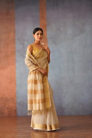 Olive Green Linen Silk Sari with Golden Zari