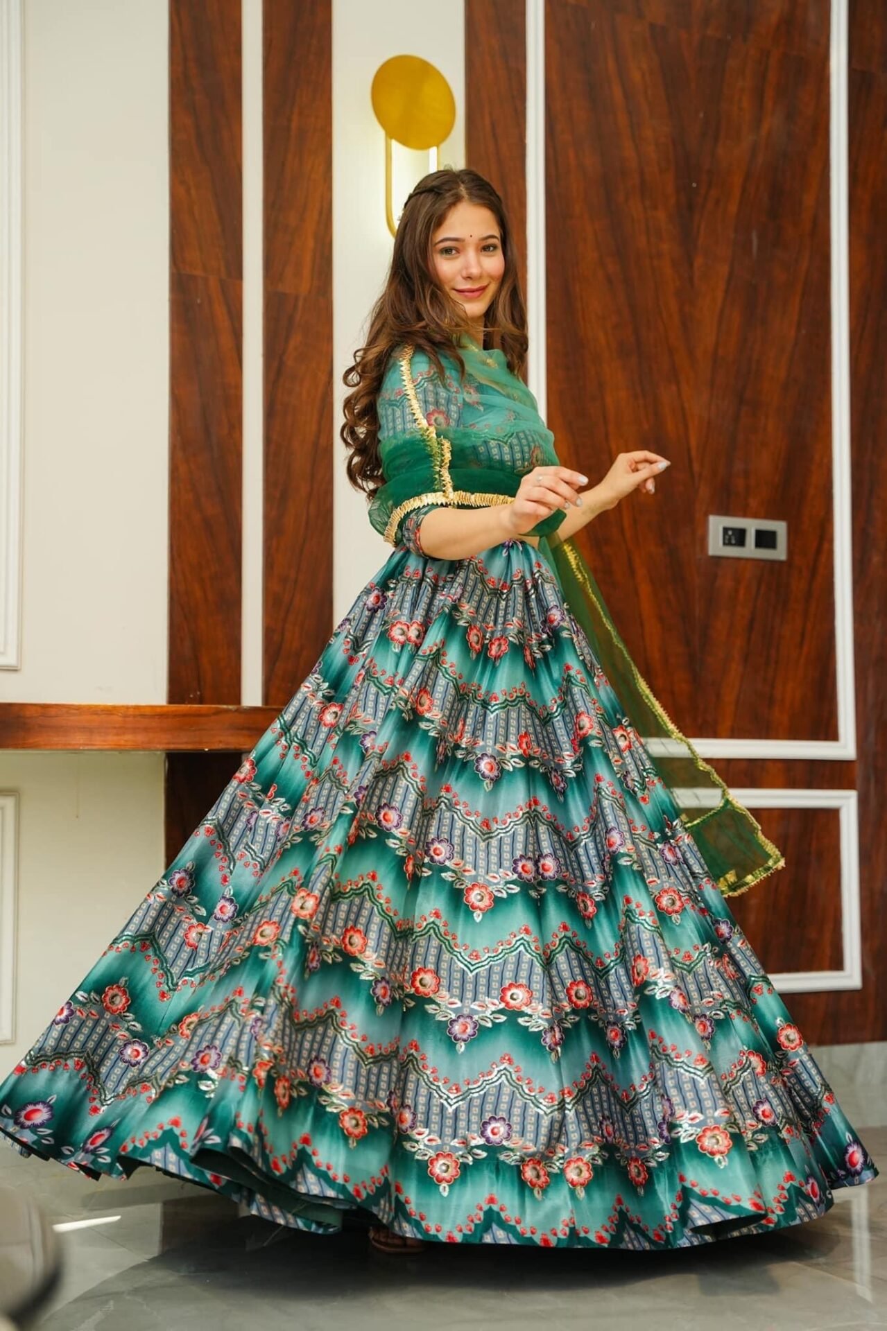 Green silk embroidered lehenga choli set - Image 2