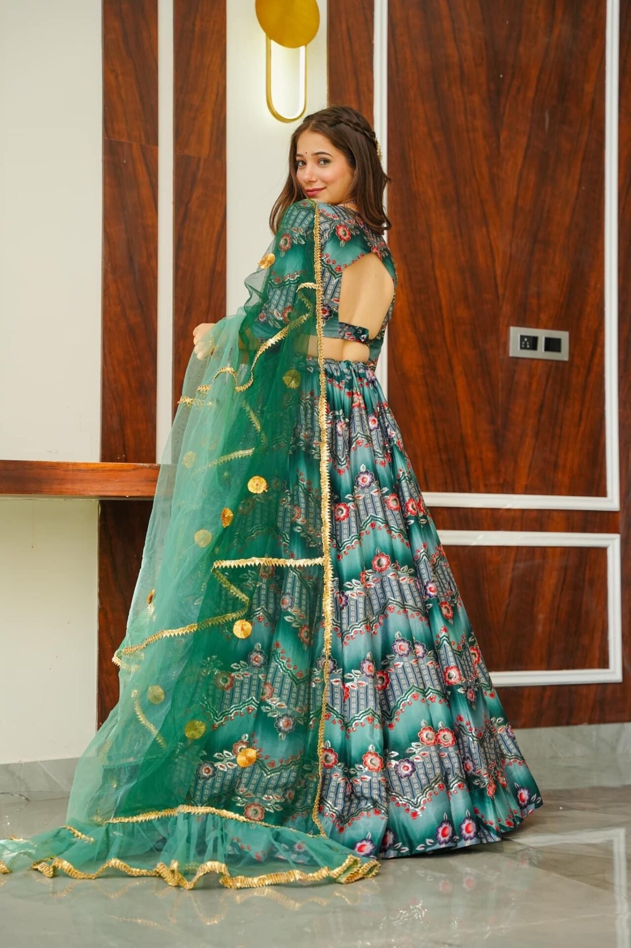 Green silk embroidered lehenga choli set - Image 3