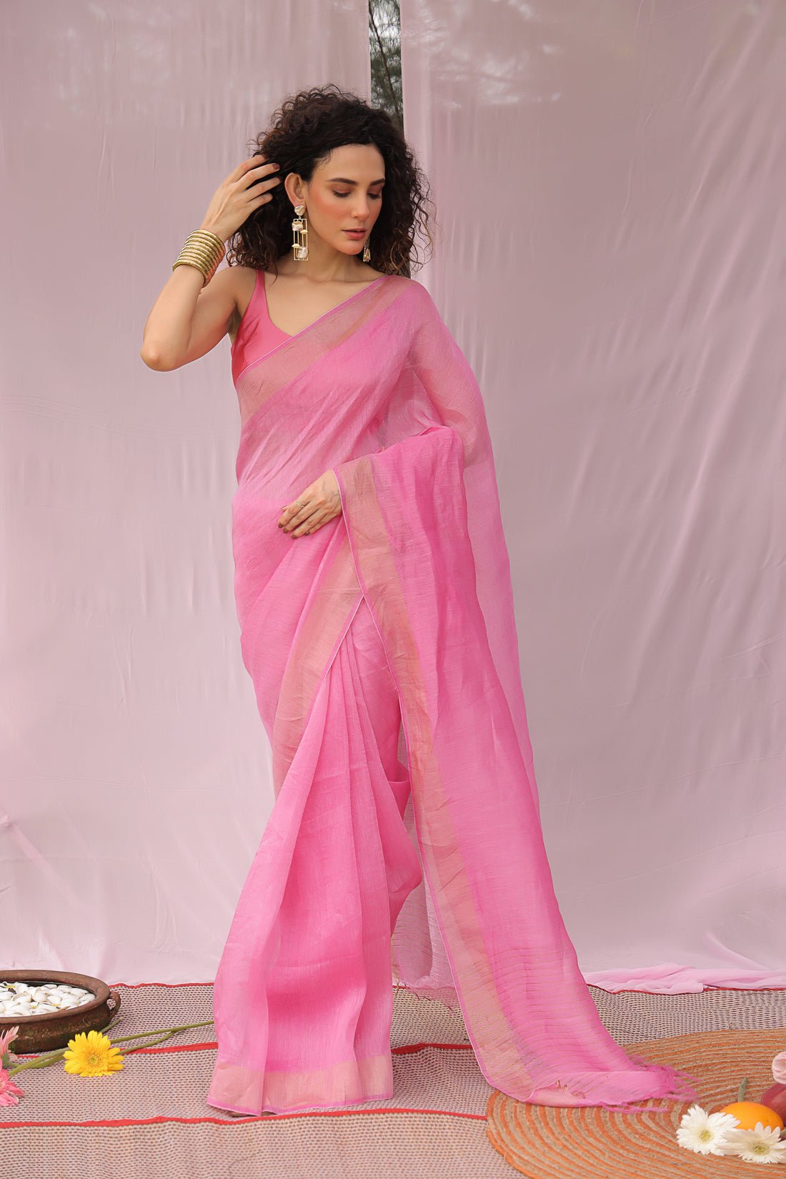 Surmai Pastel Pink Linen Silk Saree