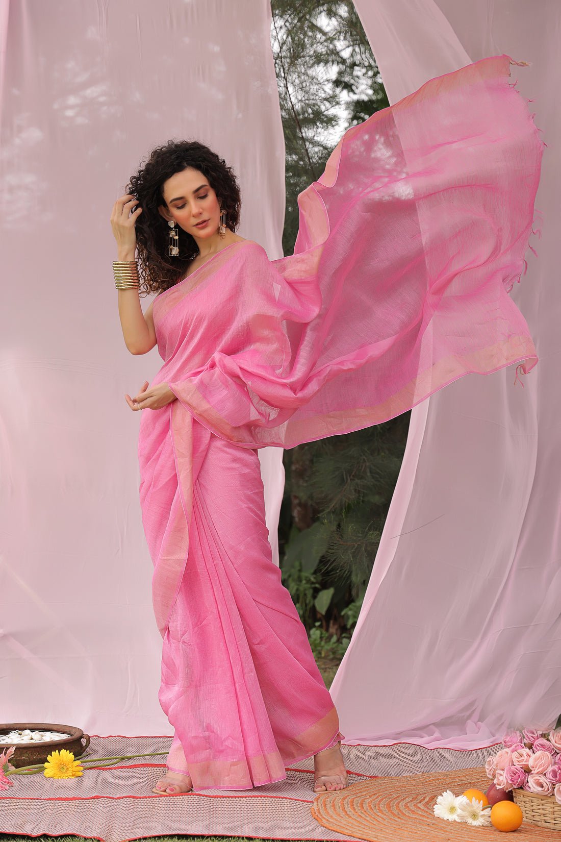 Surmai Pastel Pink Linen Silk Saree - Image 4