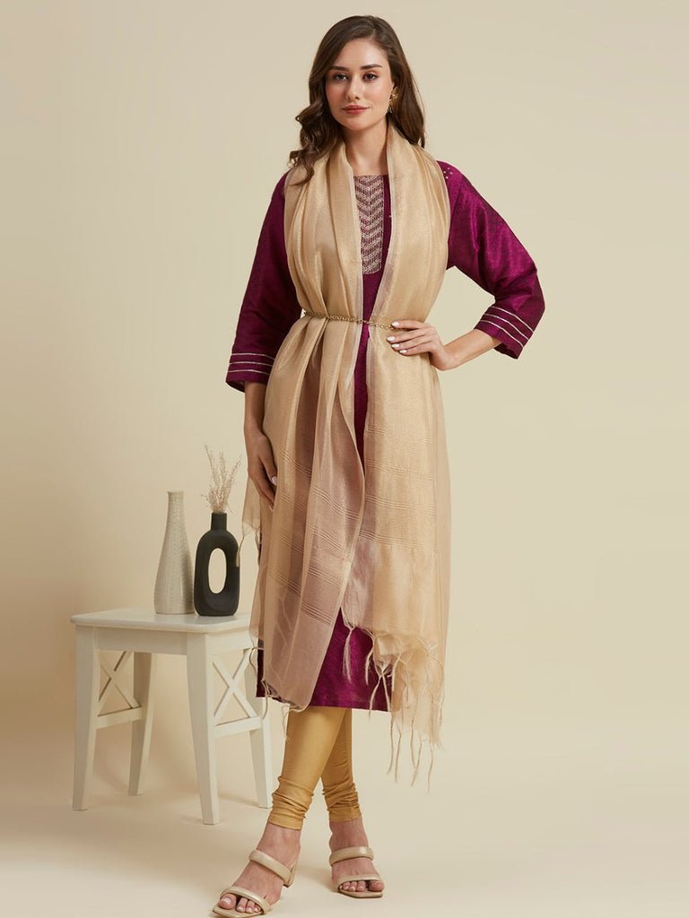 Gold Banarasi Self Designed Tissue Dupatta - Image 2