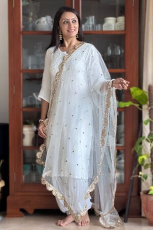 Embroidered Net Dupatta with Embellished Scallops