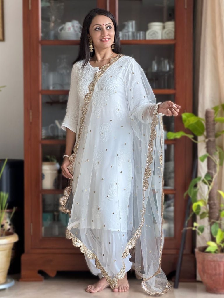 Embroidered Net Dupatta with Embellished Scallops