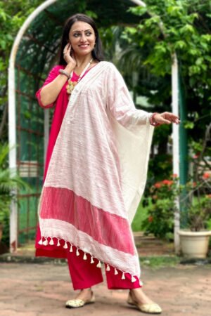 Cream Linen Dupatta with Organza Border and Tassels
