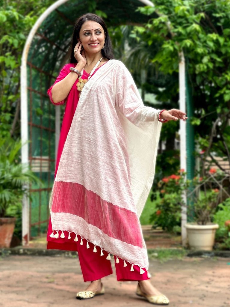Cream Linen Dupatta with Organza Border and Tassels