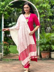 Cream Linen Dupatta with Organza Border and Tassels - Image 2