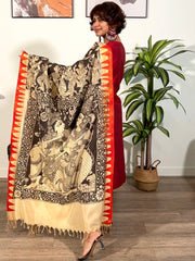 Beige & Black Hand Painted Kalamkari Pure Chennur Silk Dupatta - Image 3