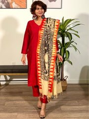 Beige & Black Hand Painted Kalamkari Pure Chennur Silk Dupatta - Image 4