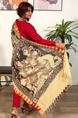 Beige & Black Hand Painted Kalamkari Pure Chennur Silk Dupatta