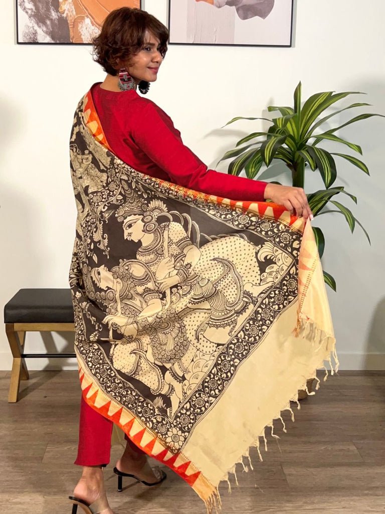 Beige & Black Hand Painted Kalamkari Pure Chennur Silk Dupatta
